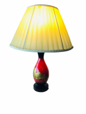 Crafted wooden table lamp with fabric lamp shade/lampu meja kayu 